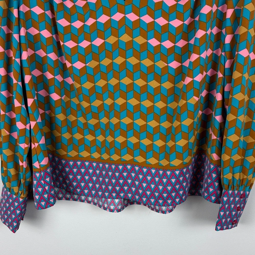 Rose & Olive Vibrant Multicolor Geometric Long Sleeve Cuff Hem Detail Med Blouse - Picture 9 of 11